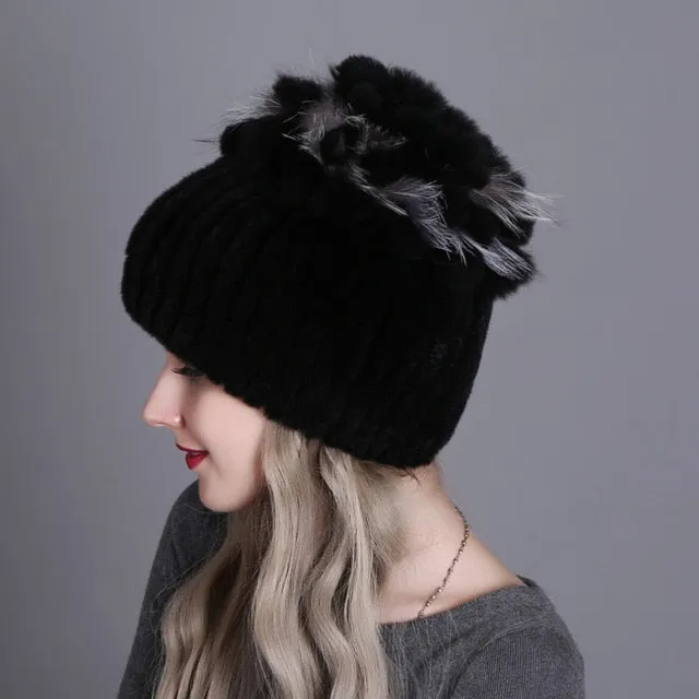 Women fur hat for winter natural rex rabbit fox fur cap russian female